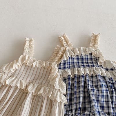 韓系雕花花邊格子包屁衣2