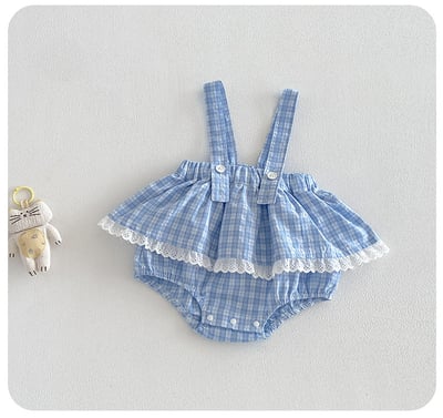 小清新格子吊帶兩件套包屁衣5