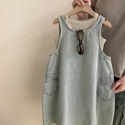 韓系牛仔花苞兩件套洋裝1