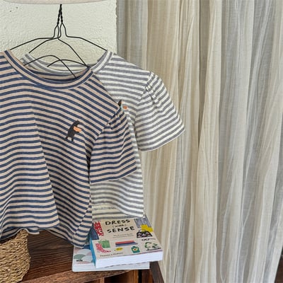 小圖條紋抓皺肩上衣1