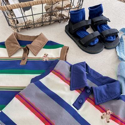 韓系刺繡小熊寬條紋有領上衣2