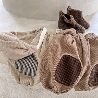 日系格子補丁條絨長褲1