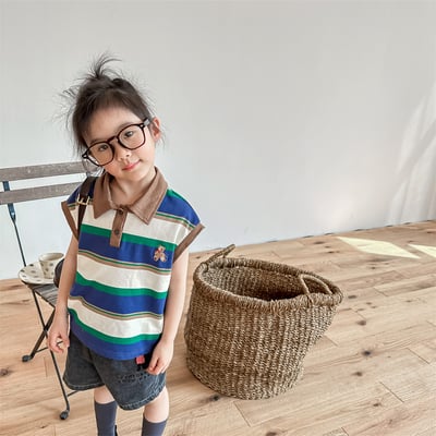 韓系刺繡小熊寬條紋有領上衣21