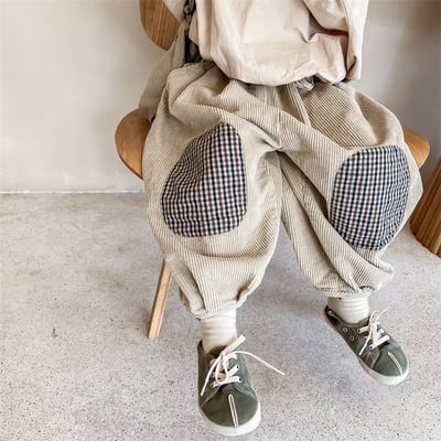 日系格子補丁條絨長褲15