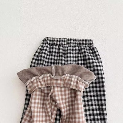 韓系格子蕾絲花邊喇叭褲5