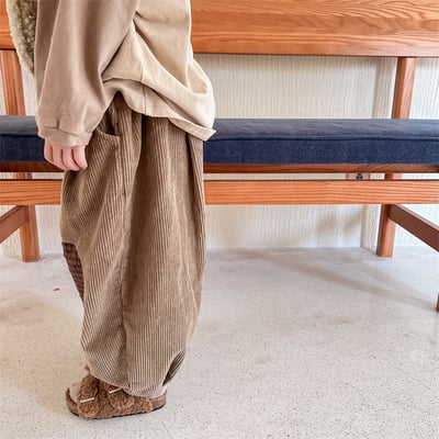 日系格子補丁條絨長褲23