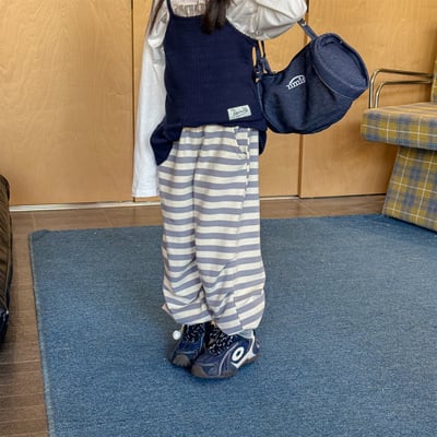 韓系粗條紋縮口休閒棉褲20