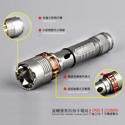 《防身照明 T6手電筒》直接充電/旋轉變焦5