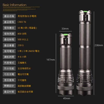 《照明大師 遠射型 T6強光手電筒》大反光杯聚光/26650/戶外搜救2