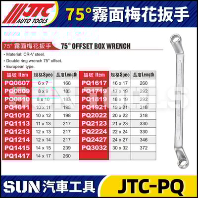 JTC-PQ0607 0809 0810 1011 1012 1113 1213 1214 1415 1417 1617 1719 1819 1921 2022 2123 2224 2427 3032  75°霧面梅花扳手(複製)1