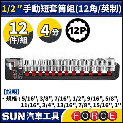 FORCE-4127-9 12件 4分 手動短套筒組 (12角/英制)1