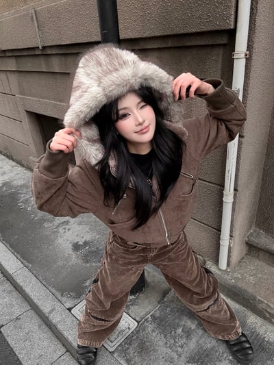 美拉德高領內刷毛合身外套（可拆毛帽）5