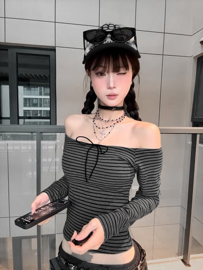 莫代爾棉日常韓系條紋平口上衣2