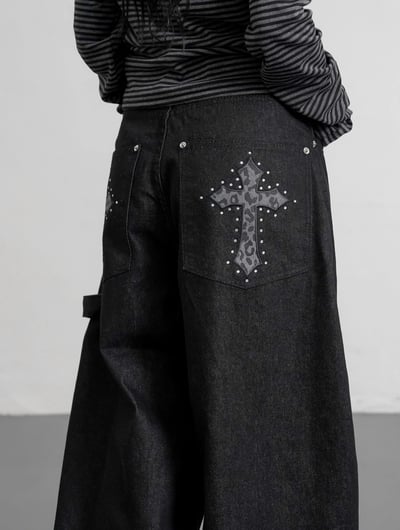 街頭韓系十字架豹紋復古牛仔1