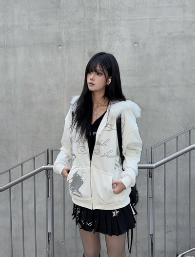 雪白復古字母毛邊連帽外套3