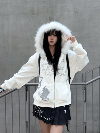雪白復古字母毛邊連帽外套1