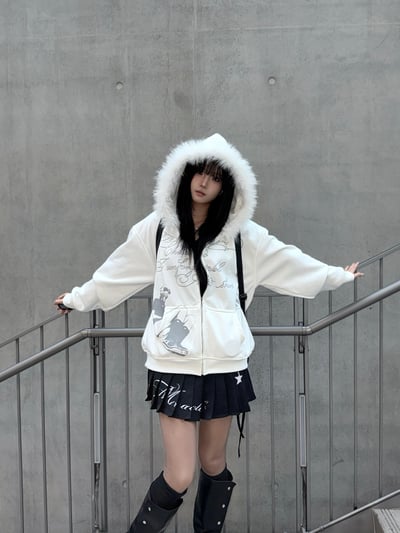 雪白復古字母毛邊連帽外套9