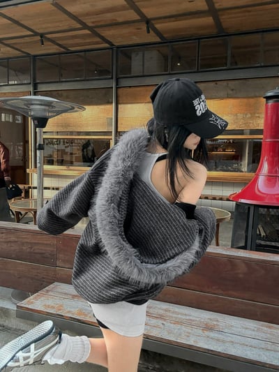 冬季高階條紋大毛連帽外套7