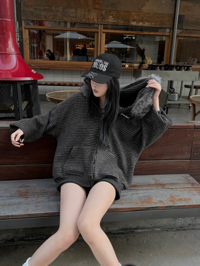 冬季高階條紋大毛連帽外套6