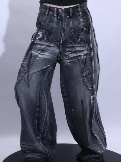 小眾設計重磅不規則塗鴉牛仔褲1