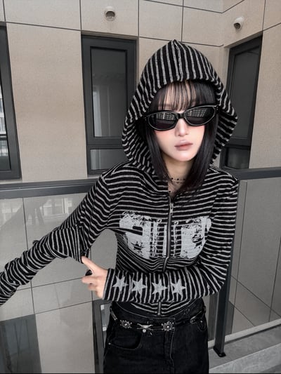 小眾修肩條紋連帽上衣3