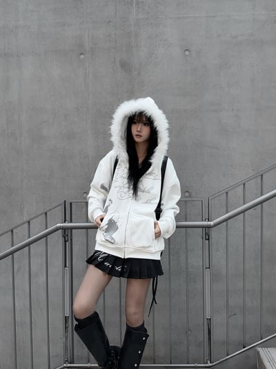 雪白復古字母毛邊連帽外套8