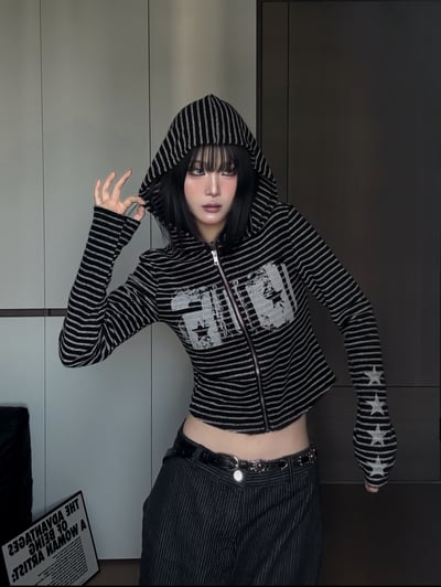 小眾修肩條紋連帽上衣4