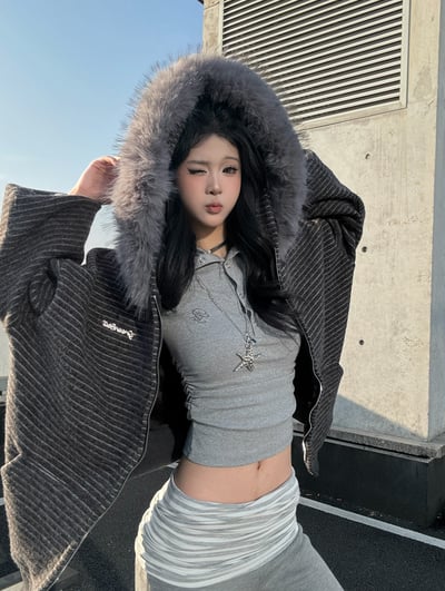 冬季高階條紋大毛連帽外套10