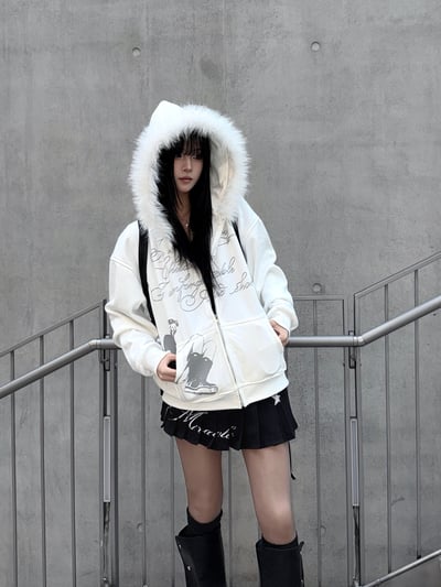 雪白復古字母毛邊連帽外套6