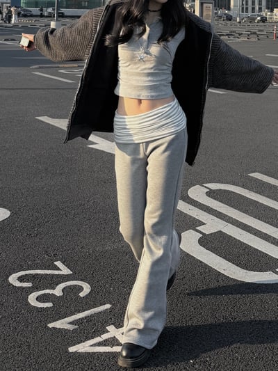 重磅加絨條紋拼接喇叭褲2