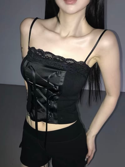 拼接撞色 綁帶蕾絲背心11