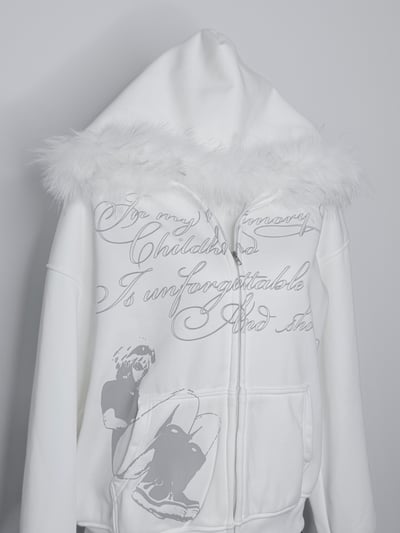 雪白復古字母毛邊連帽外套15