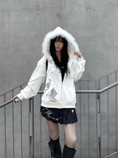 雪白復古字母毛邊連帽外套5