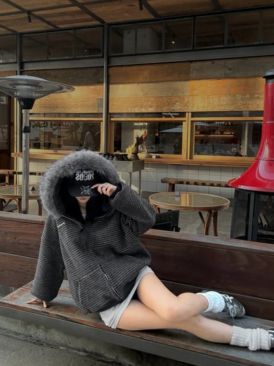 冬季高階條紋大毛連帽外套4