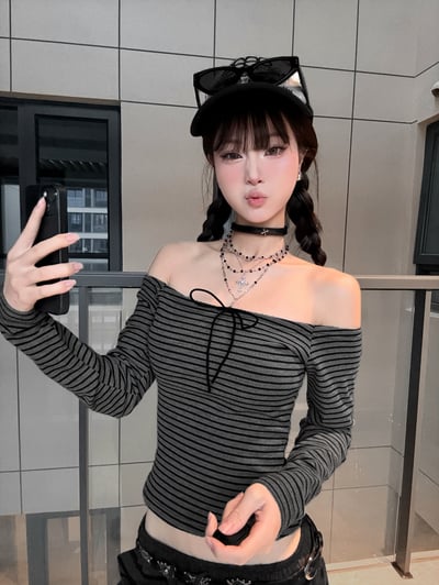 莫代爾棉日常韓系條紋平口上衣1