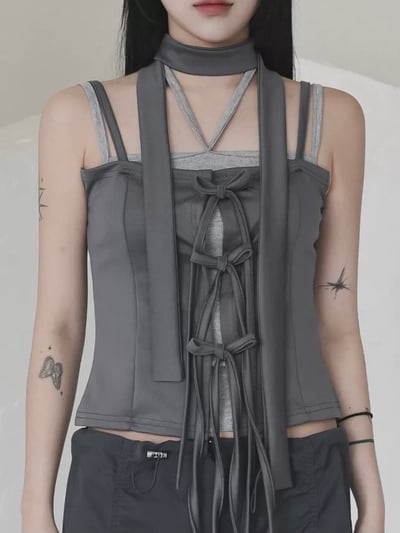 【韓代】蝴蝶綁帶掛脖上衣9