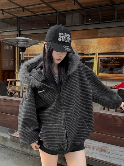 冬季高階條紋大毛連帽外套5