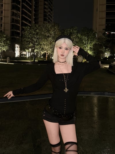 韓版暗黑辣妹修身深V兩件套1