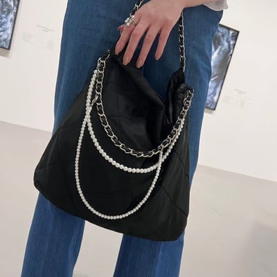 「特別訂製」黑色高級尼龍版珍珠22Bag 鏈條包][ nylon Pearl 22 chain Bag ]]2