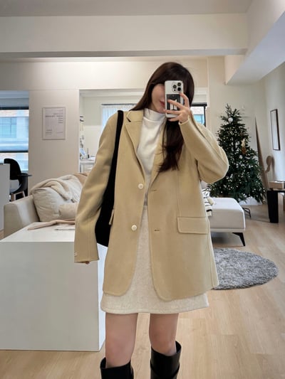 AZ01 奶油米黃西裝領100%羊毛手工大衣6