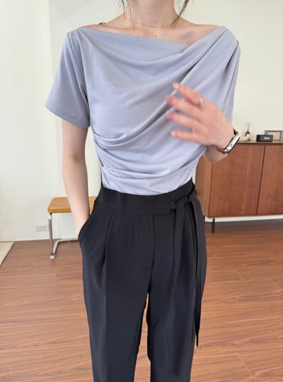 現貨 回歸) SS06 優雅抓皺斜肩短袖上衣 4色2