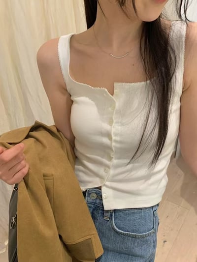 回歸) AK08 小花邊方領排釦背心 1色1