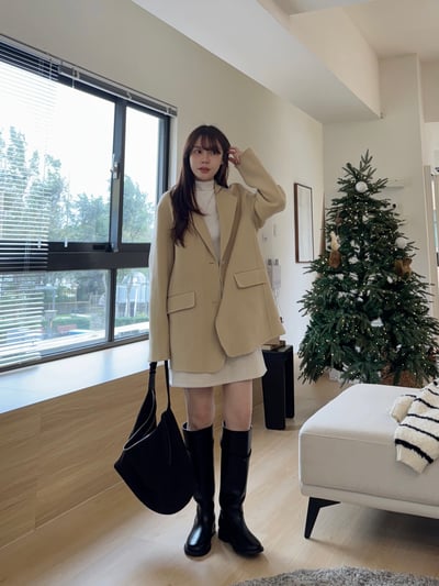 AZ01 奶油米黃西裝領100%羊毛手工大衣9