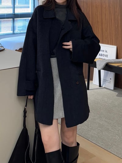 現貨 AZ02 設計扣中長板羊毛70%手工大衣 2色15