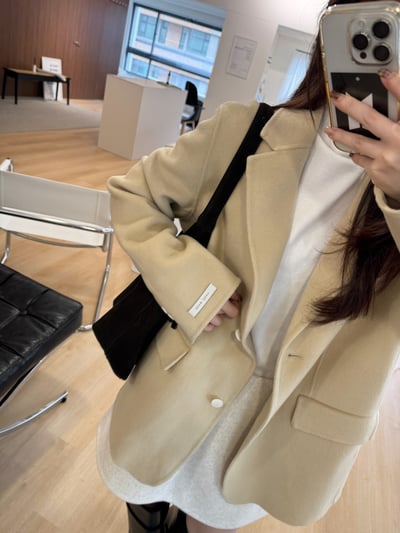 AZ01 奶油米黃西裝領100%羊毛手工大衣4