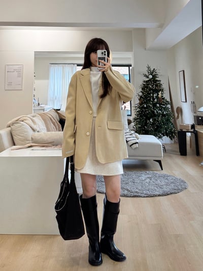 AZ01 奶油米黃西裝領100%羊毛手工大衣5