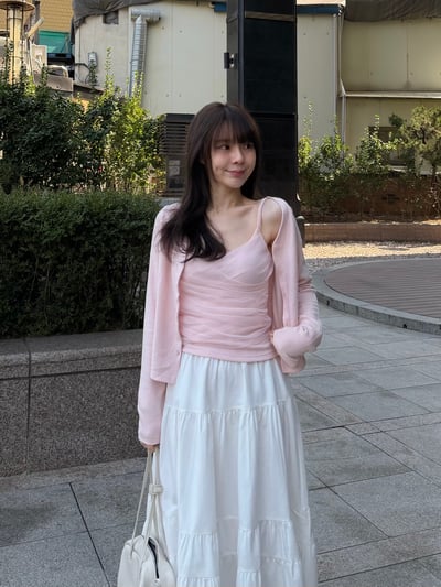 新增新色回歸) AL07 細肩網紗bar背心+小罩衫set 2色9