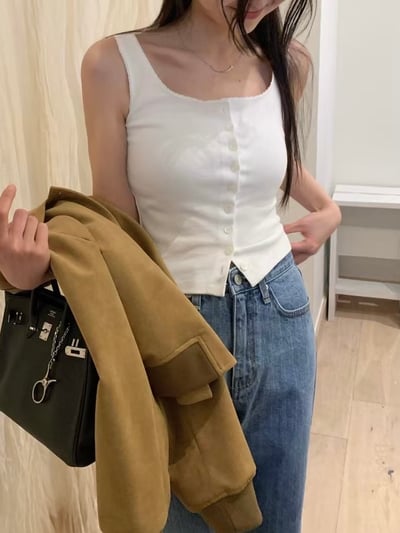 回歸) AK08 小花邊方領排釦背心 1色6