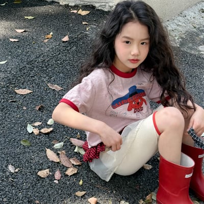 男女童大帽狗短T (米/黃/粉/花灰)1