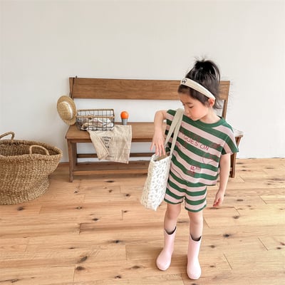 刺繡寬條紋二件套 (藍/綠)2